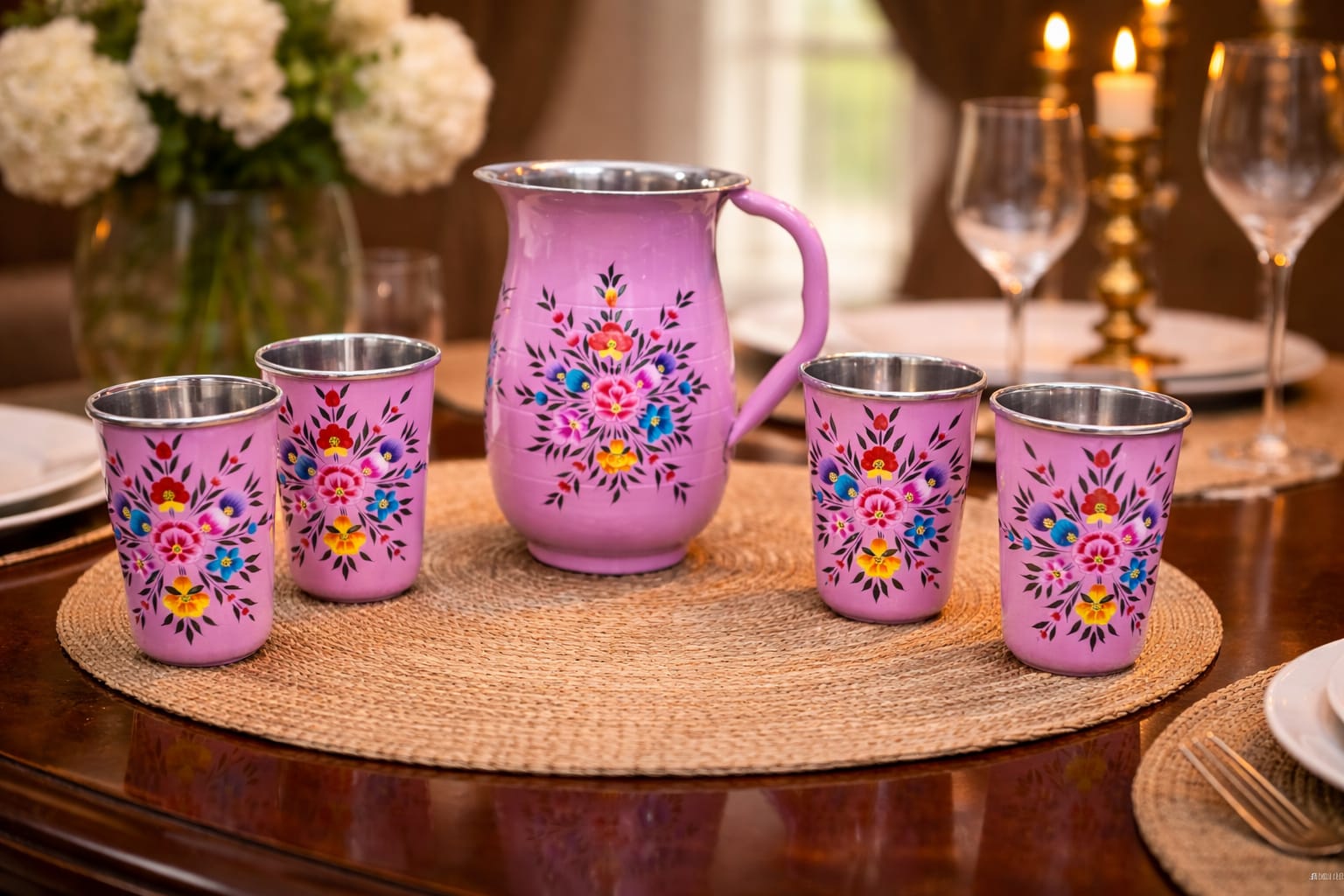 Hand painted jug set, Enamel Ware utensils,Enamelware jug set with 4 hand painted steel glass , kashmiri enamelware, hand painted glasses